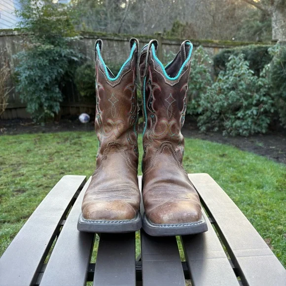Justin Gypsy Raya Sqaure Toe Western Cowboy Boots Brown and Turquoise Women’s 9B - Picture 2 of 15